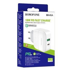  Адаптер Сетевой Borofone BA46A Premium PD+QC3.0 1USB/1Type-C/5V/3A (white) 