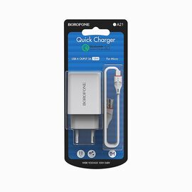  Адаптер Сетевой с кабелем Borofone BA21A Long QC3.0 1USB/5V/3A +micro USB (white) 