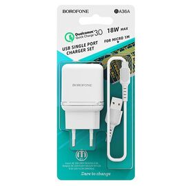  Адаптер Сетевой с кабелем Borofone BA36A High 1USB/5V/3A QC3.0 +micro USB (white) 
