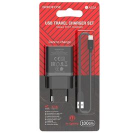 Адаптер Сетевой с кабелем Borofone BA52A Gamble 1USB/5V/2.1A +lightning (black) 