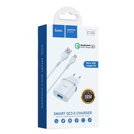  Адаптер Сетевой с кабелем Hoco C12Q 1USB/5V/3A QC3.0+micro USB (white) 