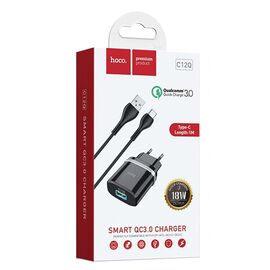  Адаптер Сетевой с кабелем Hoco C12Q 1USB/5V/3A QC3.0+Type-C (black) 
