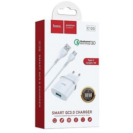  Адаптер Сетевой с кабелем Hoco C12Q 1USB/5V/3A QC3.0+Type-C (white) 