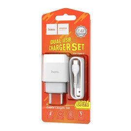  Адаптер Сетевой с кабелем Hoco C73A Glorious 2USB/5V/2.4A +Type-C (white) 