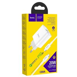  Адаптер Сетевой с кабелем Hoco C80A Rapido 1USB,1Type-C/5V/3A PD20W+QC3.0 +Type-C-Type-C (white) 