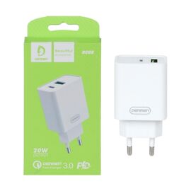  Адаптер питания сетевой Denmen DC08 PD 20W, 3.6А, 1 USB/1Type-C, 5V/9V/12V, пластик, белый, фирменная упаковка 