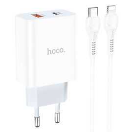  Адаптер Сетевой с кабелем Hoco C97A 1USB/1TYPE-C/5V/3A PD+QC3.0 +lightning (white) (207577) 