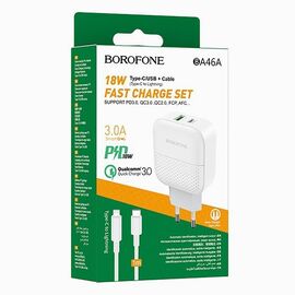  Адаптер Сетевой с кабелем Borofone BA46A Premium PD+QC3.0 1USB/1Type-C/5V/3A +Type-C to Lightning (white) 