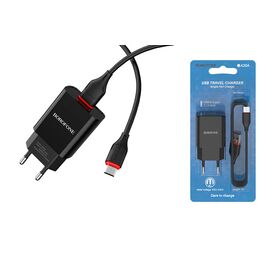  Блок питания сетевой 1 USB Borofone, BA20A, Sharp, 2100mA, пластик, кабель микро USB, цвет: чёрный (1/48/192) 