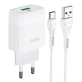 Адаптер Сетевой с кабелем Hoco C72Q Glorious 1USB/5V/3A 18W+QC3.0 +Type-C (white) (202559) 