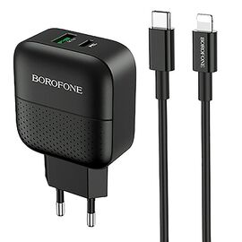  Адаптер Сетевой с кабелем Borofone BA46A Premium PD+QC3.0 1USB/1TYPE-C/5V/3A +Type-C to Light(124189 