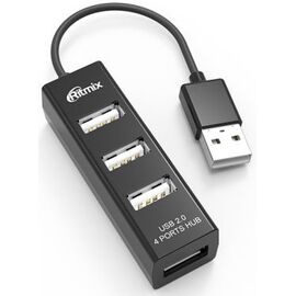  USB-HUB RITMIX CR-2402 black настольный, кабель, на 4 порта USB, High speed USB 2.0, Plug-n-Play, питание от USB, 5В, скорость до 480 Мбит/с 