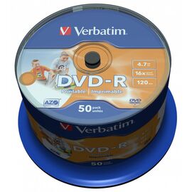  Диск DVD-R Verbatim 4,7Gb 16x Cake Box InkJet Printable (50шт) 43533 