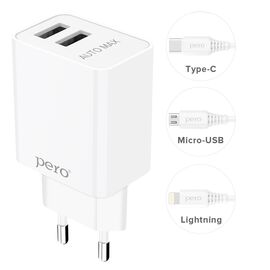  СЗУ PERO TC02 2USB 2.1A c кабелем Type-C в комплекте, белый 