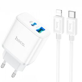  Адаптер Сетевой с кабелем Hoco C105A Stage dual port PD20W+QC3.0 Type-C - iP (white) (214015) 