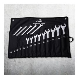  Набор ключей комбинированных Deli DL130014B 14 шт 10,11,12,13,14,16,17,18,19,21,24,27,30,32мм, матовая хромированная поверхность, чехол 