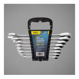  Набор ключей комбинированных Deli DL140108T с трещоткой 8 шт 8,10,12,13,14,15,17,19мм, сталь 40Cr, трещотка 50BV30 72 зуба, пластиковый кейс 