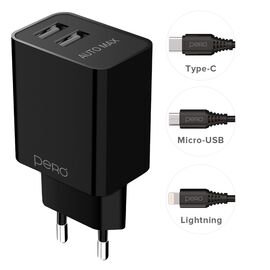 СЗУ PERO TC02 2USB 2.1A c кабелем Lightning в комплекте, черный 
