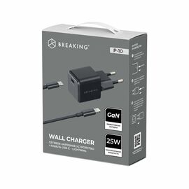  СЗУ Breaking P-10, USB-C, GaN 25W, 3A + кабель USB-C - Lightning (Черный) 