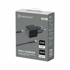  СЗУ Breaking P-11, USB-C, GaN 25W, 3A + кабель USB-C - USB-C (Черный) 