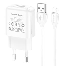  Адаптер Сетевой с кабелем Borofone BA64A USB 2,1A/5W (USB/Lightning) (white) (213525) 
