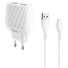  Сетевое зарядное устройство HOCO C78A Max energy 2xUSB с Кабелем USB - Micro, 2.4A, 10.8W, белый 