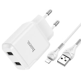  Сетевое зарядное устройство HOCO N7 Speedy 2xUSB с Кабелем USB - Lightning, 2.1A, 10W, белый 