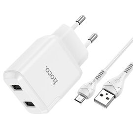  Сетевое зарядное устройство HOCO N7 Speedy 2xUSB с Кабелем USB - Micro, 2.1A, 10W, белый 