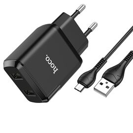  Сетевое зарядное устройство HOCO N7 Speedy 2xUSB с Кабелем USB - Micro, 2.1A, 10W, черный 