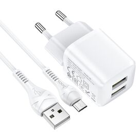  Сетевое зарядное устройство HOCO N8 Briar 2xUSB с Кабелем USB - Micro, 2.4A, 10.8W, белый 
