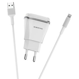  Сетевое зарядное устройство BOROFONE BA1A Joyplug 1xUSB с Кабелем USB - Lightning, 1A, белый 
