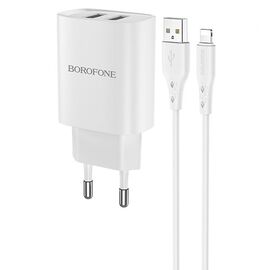 Сетевое зарядное устройство BOROFONE BN2 super fast 2xUSB с Кабелем USB - Lightning, 2.1A, белый 