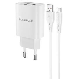  Сетевое зарядное устройство BOROFONE BN2 super fast 2xUSB с Кабелем USB - Micro, 2.1A, белый 