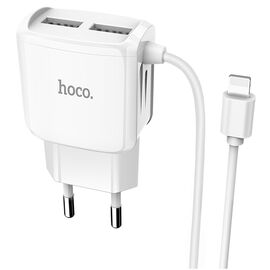  Сетевое зарядное устройство HOCO C59A Mega Joy 2xUSB с Кабелем Lightning, 2.4A, 10.8W, белый 