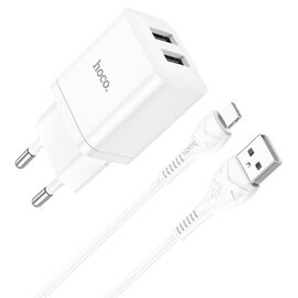  Сетевое зарядное устройство HOCO N25 Maker 2xUSB с Кабелем USB - Lightning, 2.1A, 10W, белый 