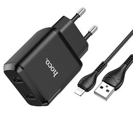 Сетевое зарядное устройство HOCO N7 Speedy 2xUSB с Кабелем USB - Lightning, 2.1A, 10W, черный 