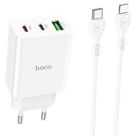  Сетевое зарядное устройство HOCO C99A 1xUSB + 2xUSB-C с Кабелем Type-C - Lightning, 3.0A, 20W, белый 