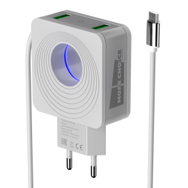  СЗУ 2USB 2.1A для micro USB со встроенным кабелем и LED подсветкой More choice NC48m (White) 