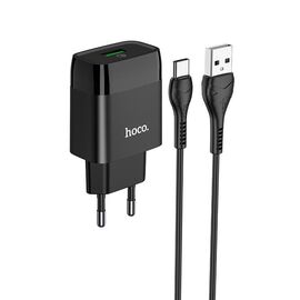 Сетевое зарядное устройство 1USB 3.0A QC3.0 быстрая зарядка с дата-кабелем Type-C Hoco C72Q 1м (Black) 