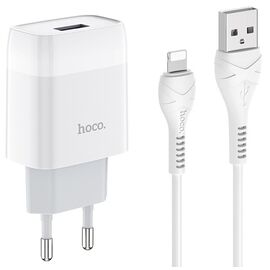  Сетевое зарядное устройство 1USB 2.4A в комплекте с кабелем Apple 8-pin Hoco C72A 1м (White) 