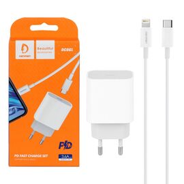  Сетевое зарядное утройство 2в1 Denmen DC06L, PD 20W, Apple 8 pin, 3.6А, 1 Type-C, 5V/9V, 1.0 м, белый, фирменная упаковка 