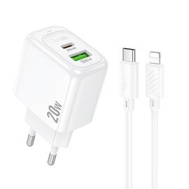  СЗУ 1USB+1Type-C 3.0A QC3.0 PD 20W быстрая зарядка для Lightning 8-pin Type-C Hoco CS54A 1м (White) 