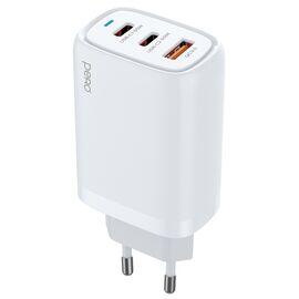  СЗУ PERO TC23 GAN, USB-A QC 3.0 + USB-C PD + USB-C PD, 65W белый 
