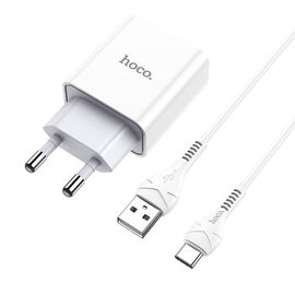  Блок питания сетевой 1 USB HOCO C81A, Asombroso, 2100mA, пластик, огнестойкий, кабель Type-C, X37 cool, цвет: белый(1/23/138) 
