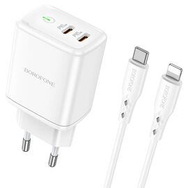  Сетевое зарядное устройство BOROFONE BN9 Reacher 2xUSB-C с Кабелем Type-C - Lightning, 35W, белый 