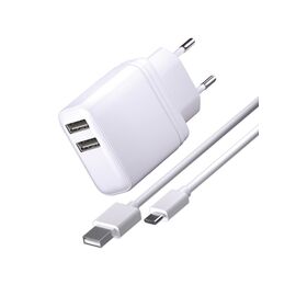  Сетевое зарядное устройство 2USB, 3A + Дата-кабель Type-C, 1м, белое 