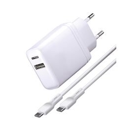  Сетевое зарядное устройство Super Charge PD+QC, 65W + Дата-кабель  Type-C - Type-C, 65W, 1м, белое 