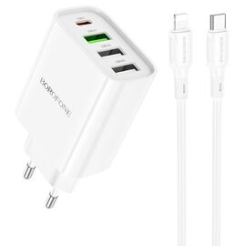  Сетевое зарядное устройство BOROFONE BA79A Clever 3xUSB + 1xUSB-C с Кабелем Type-C - Lightning, 20W, белый 