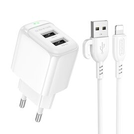  Адаптер Сетевой с кабелем Borofone BAS41A Potential 2USB 2,4A/12W (USB/Lightning) (white) (235125) 