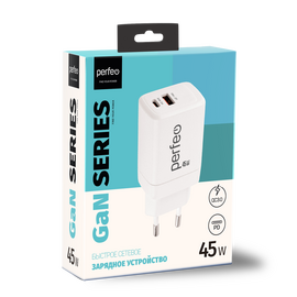  Сетевое зарядное устройство PERFEO с двумя разъемами USB-A+TYPE-C, GaN, 45W, белый (I4663) 